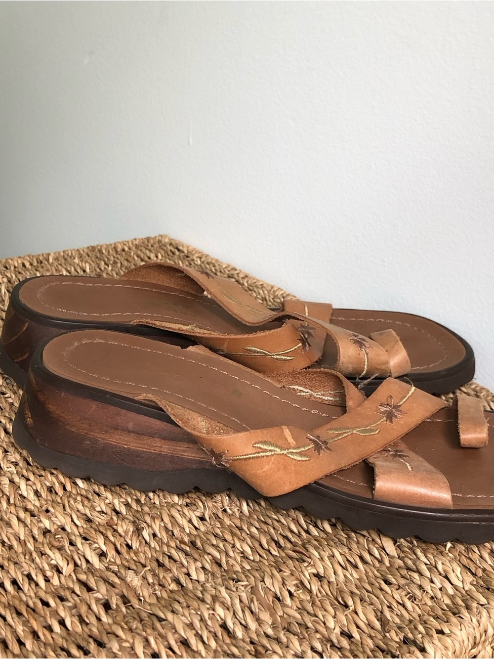 90s Western Boho Leather Embroidered Slide Sandals - Picture 6 of 8